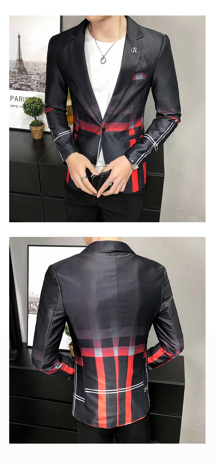 Blazer Men Boutique Fashion Plaid Men's Slim Casual Suit Jacket Male Ball Social Blazer Suit Coat Host Clothing Good Vibrations