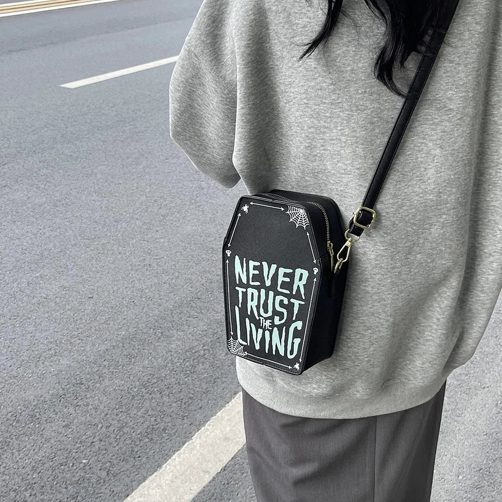 Gothic Shoulder Bag Women PU Leather Coffin Shape Handbag Adjustable Strap Hobo Bag Phone Bag for Halloween Cosplay Good Vibrations