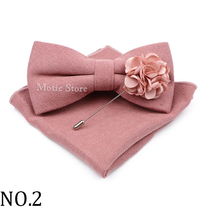 Mens Solid Color Cotton Bowtie Pocket Square Brooch Sets Pink Blue Super Soft Suede Bow Tie Handkerchief For Wedding Party Gift Good Vibrations