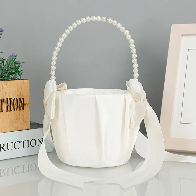 Flower Girl Basket Ring Bearer Pillow Set White Romantic Satin Bow Pearls Ring Pillow For Bride/Kid Wedding Ceremony Party Decor Good Vibrations