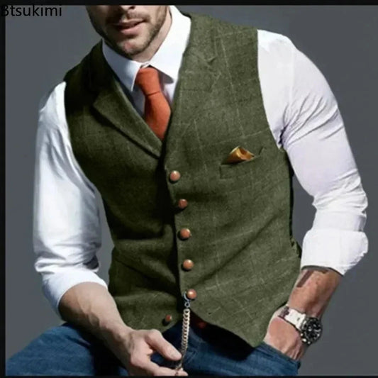 2025 Men's Formal Vests Lapel Tweed Plaid V-neck Waistcoat Slim Vest Business Formal Dress Suit Casual Wedding Tuxedo Male Vest Good Vibrations