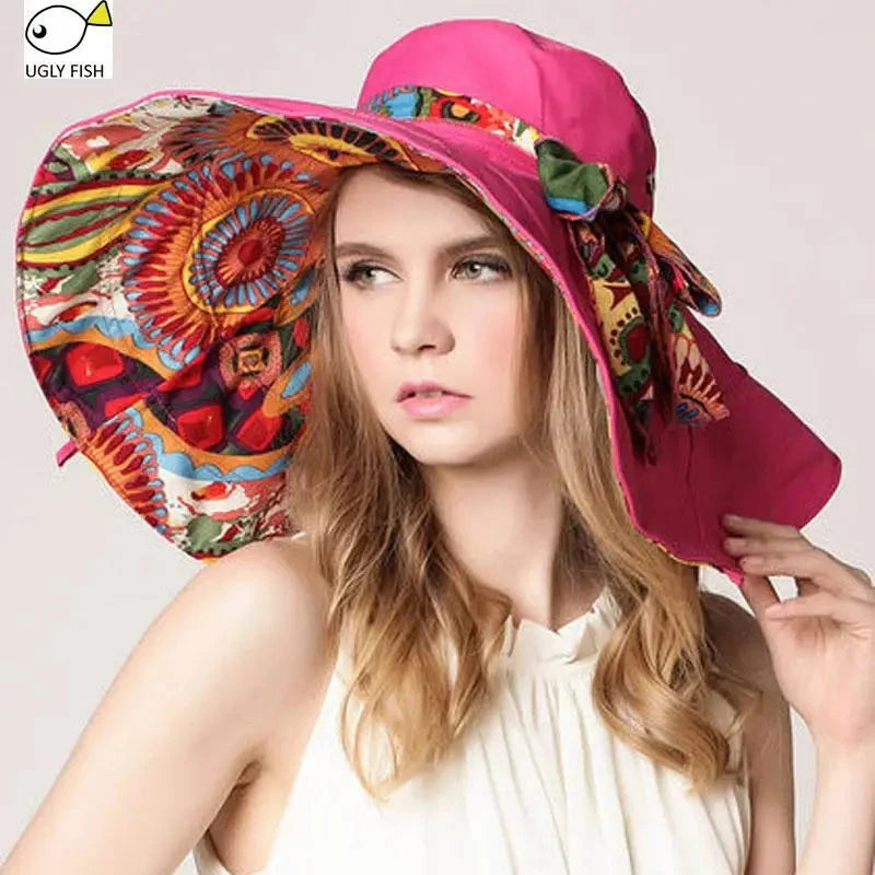 Sun Hats for Women Summer Large Beach Hat Flower Printed Wide Brim Bob Chapeu Panama Feminino Good Vibrations