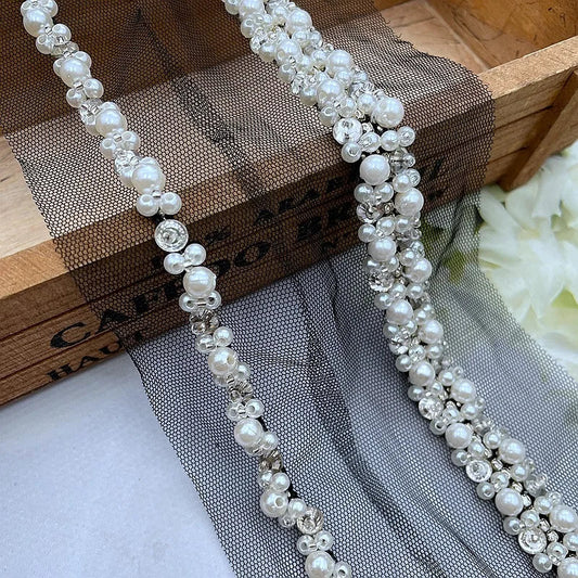 90cm Pearl Beaded Lace Trim Ribbon Garment Decoration Applique Trimming Rhinestone Tape DIY Sewing Fabric Material Accessories Good Vibrations
