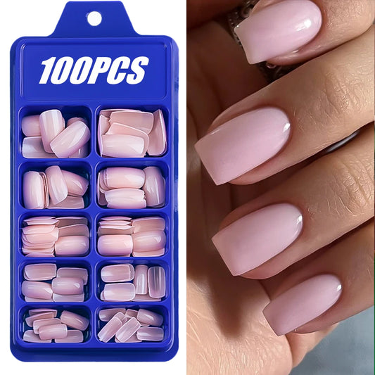 100Pcs Light Pink Press on Nails Short Medium Square Wearable Fake Nails Tips 10 sizes Full Cover False Nails Finger Decoration Good Vibrations