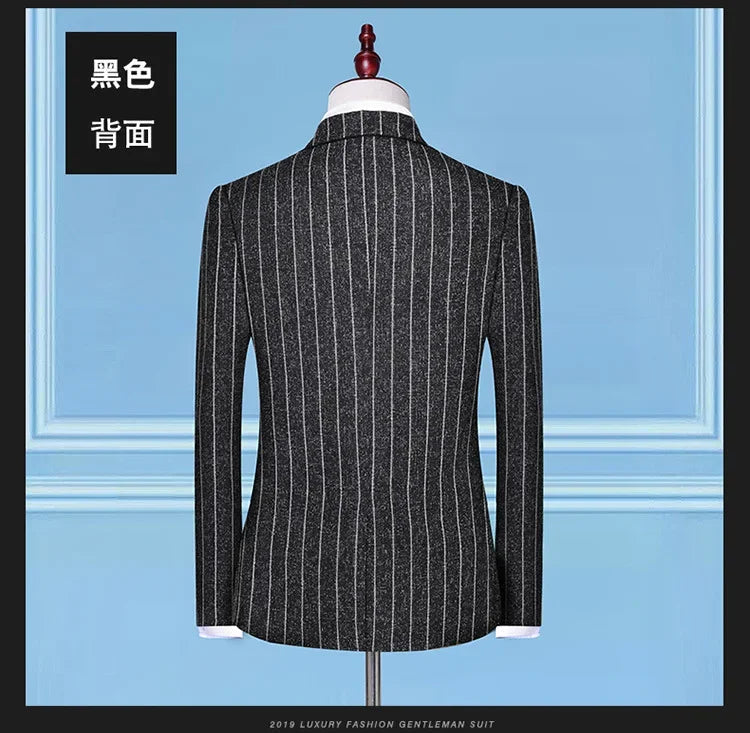 2025 Suit (suit + Vest + Trousers) Single Button Fashion Business Vertical Stripe Gentleman Suit Korean Suit Three-piece Suit Good Vibrations