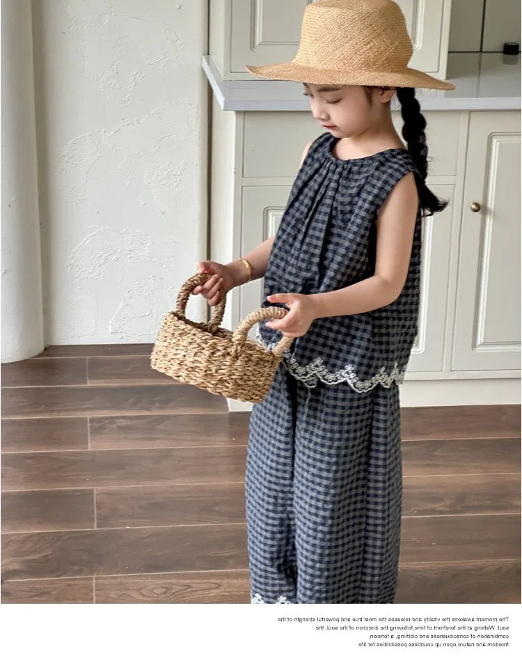 Girls' Summer Outfit New Kids Temperament Plaid Lace Vest+Wide Leg Pants Two-piece Set Trendy Children's Clothing Sets Good Vibrations
