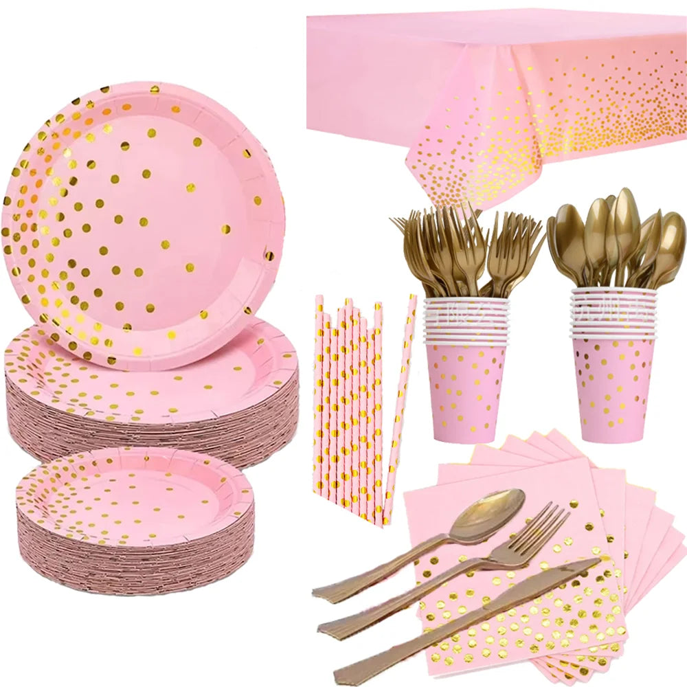 Pink Party Decoation Gold Supplies Paper Tablecloth Disposable Dinnerware Plate Napkin Cup for Christmas Birthday Party Wedding Good Vibrations