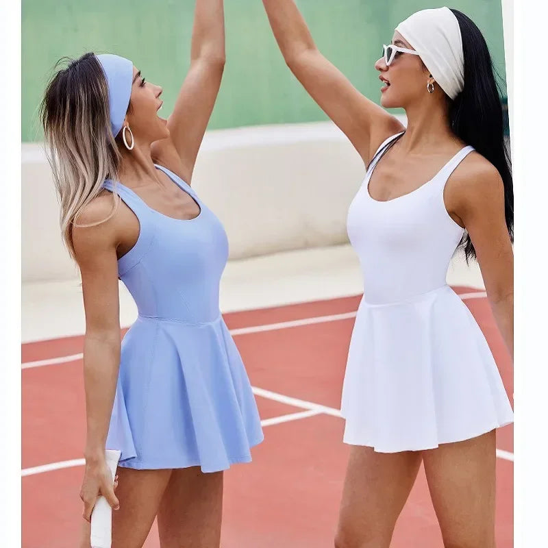 Women Tennis Dress One-Pieces Slim Fit Soft Sports Sets Golf Badminton Skorts Back Cross Tracksuits With Chest Pads Yoga Suits O Good Vibrations