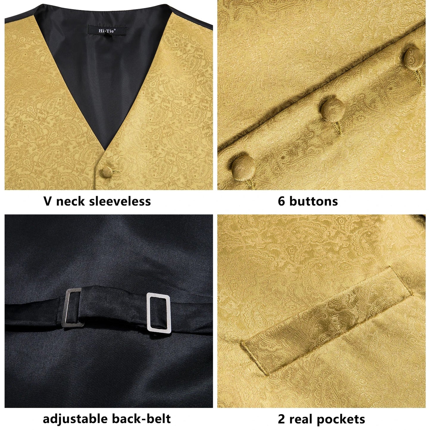 Hi-Tie Black Men Silk Vest Paisley Jacquard Necktie Hankerchief Cufflinks Sets Male Sleeveless V-Neck Waistcoat Business Formal Good Vibrations