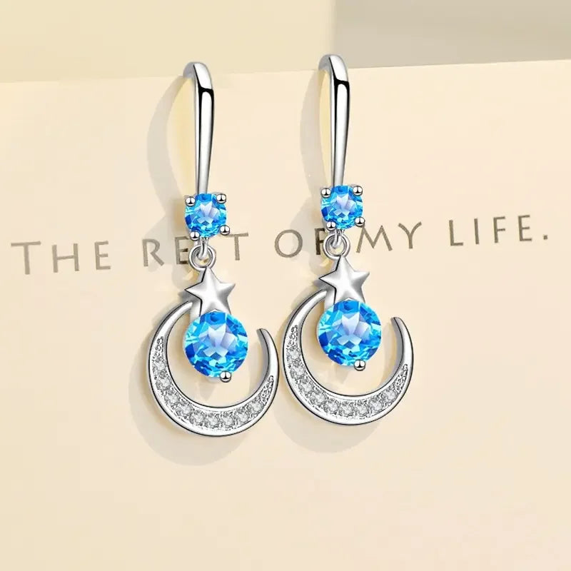 Female Fashion Star Moon Earrings 925 Sterling Silver White Sapphire Pink Blue White Artificial Dangle Earrings Good Vibrations Adult Super Store