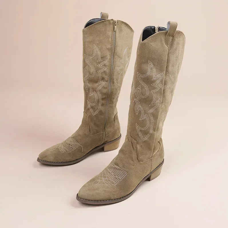Embroidered Western Cowboy Boots for Women Autumn Pointed Toe Thick Heel High Knee Boots Woman Loose PU Leather Long Botas Mujer Good Vibrations