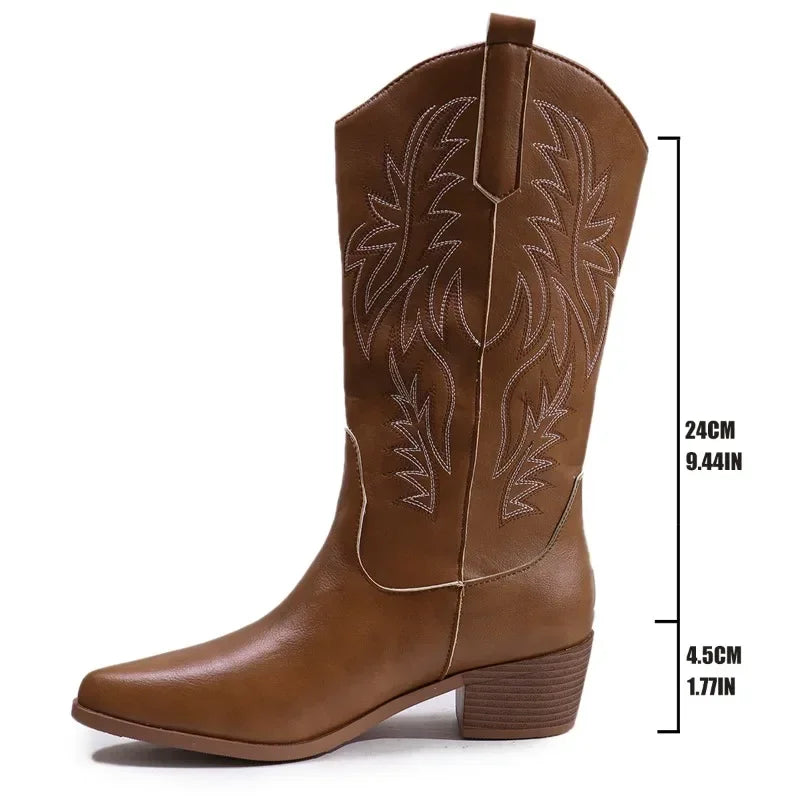 Women's Mid-Calf Boots 2024 New Autumn Winter Shoes Women Fashion Chunky Heeled Boots Vintage Western Cowgirl High Heels Boots Good Vibrations