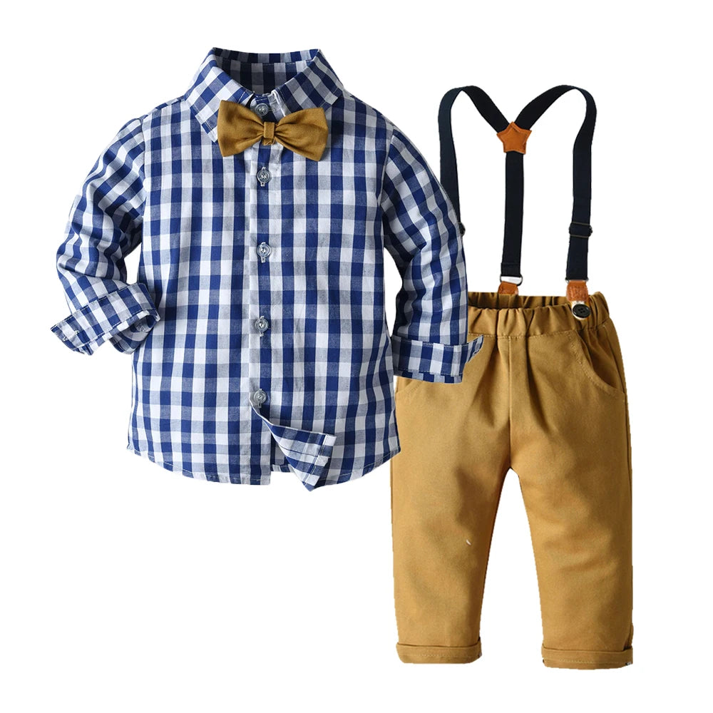 Top and Top Boys Clothing Sets Springs Autumn New Kids Boys Long Sleeve Plaid Bowtie Tops+Suspender Pants Casual Clothes Outfit Good Vibrations
