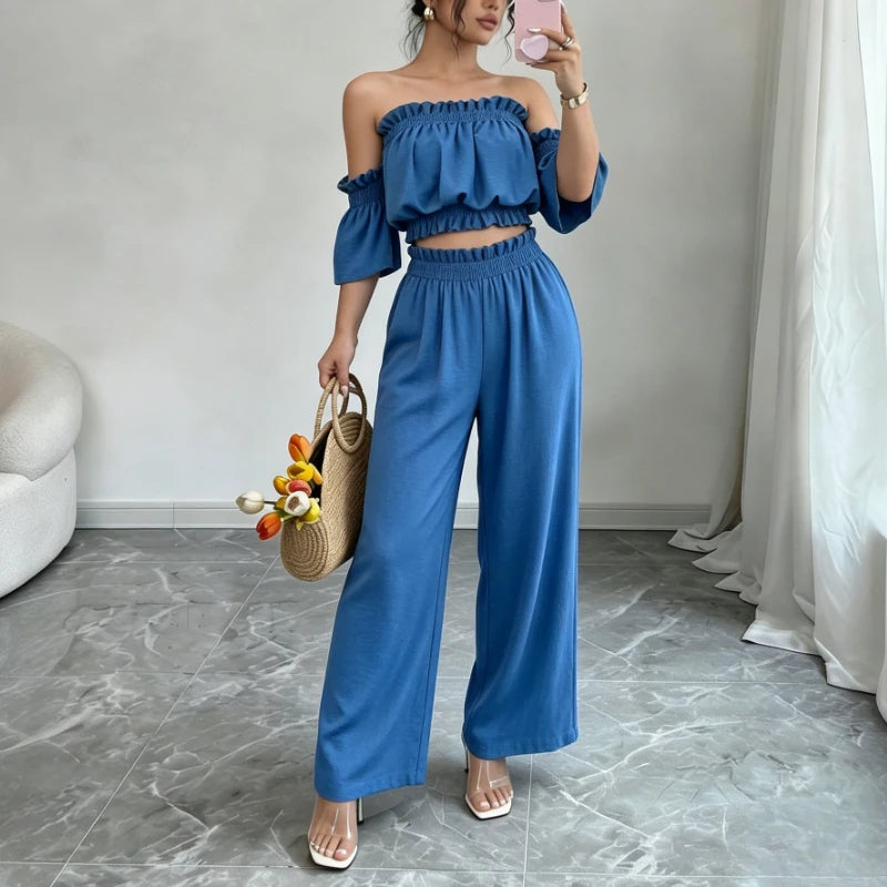 Women's 2 Piece Outfit Off Shoulder Ruffle Crop Top and Wide Leg Pants Set Casual Summer Vacation Party Loungewear Tracksuit Good Vibrations
