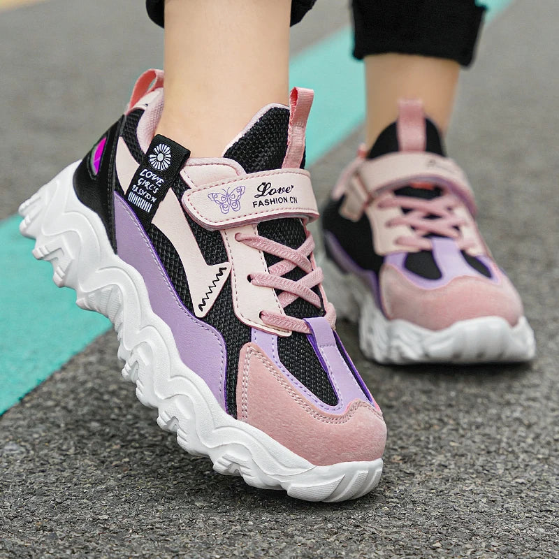 Fashion Children Shoes Girls Sneaker Black Pink PU Leather Platform Casual Sneaker School Tennis Sports Shoes for Girls Good Vibrations