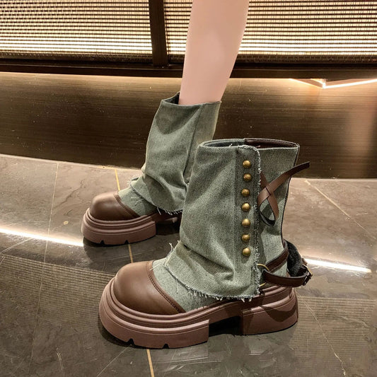 Women's Boots  New Mid Calf Boots for Women Fashion Platform Boot Breathable Canvas Cowboy Boots for Women Motorcycle Botas Good Vibrations