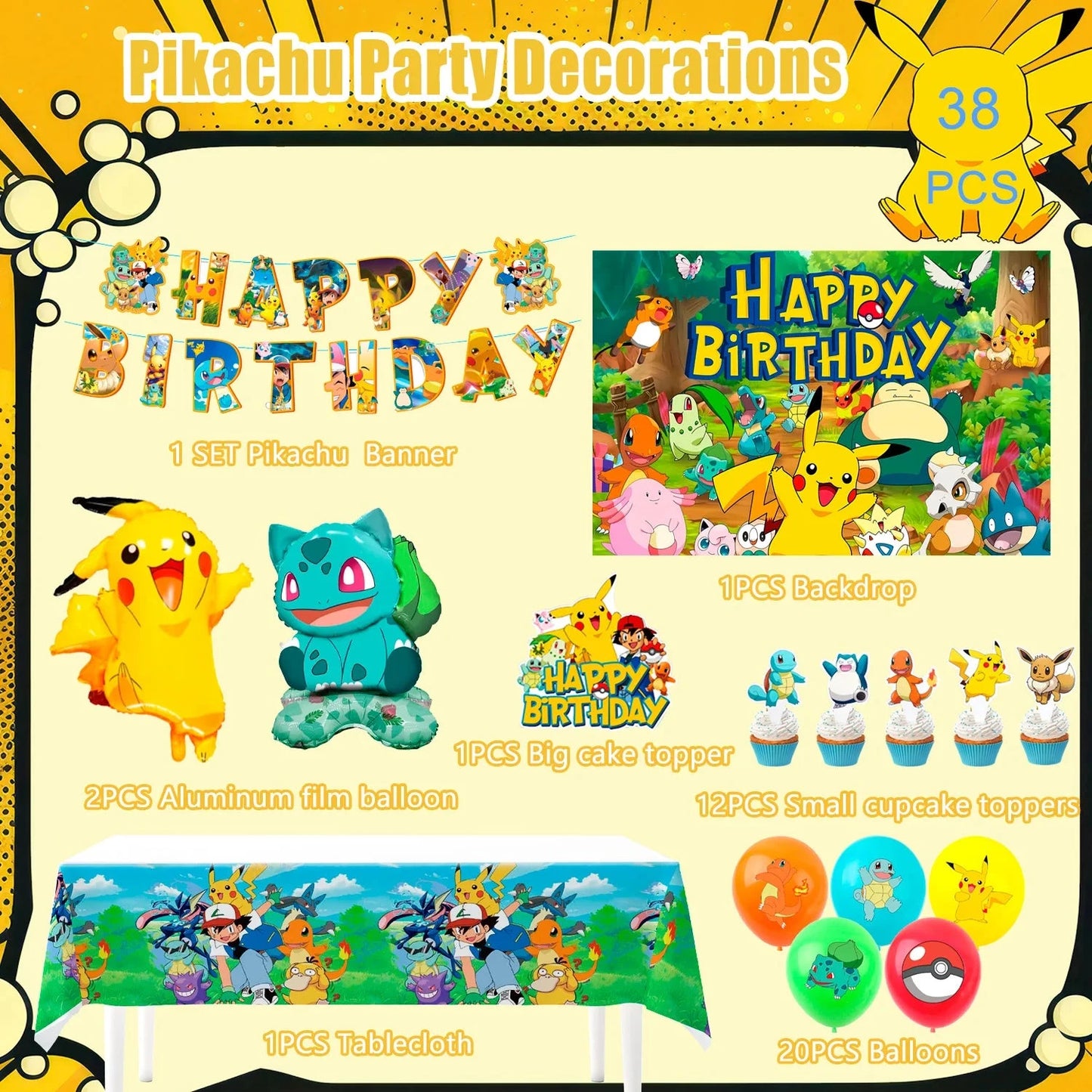 Pokemon Party Decorations, 38 Pcs Pokemon Birthday Decorations - Pokemon Banners Balloons Tablecloth etc Pikachu Party Supplies Good Vibrations