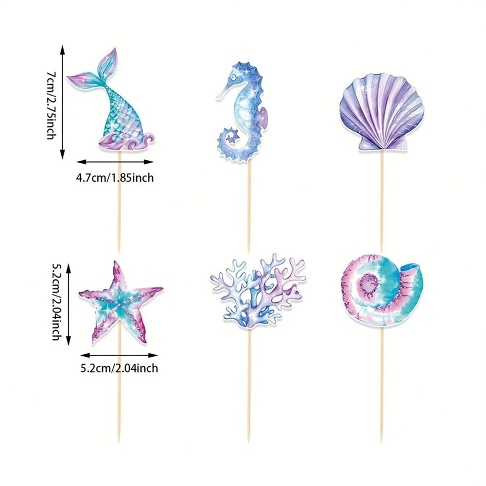 6/12/24pcs Mermaid Cake Toppers,Birthday Party Decoration,Reusable Mermaid Tail Happy Birthday Dessert Cake Topper,Cake Supplies Good Vibrations