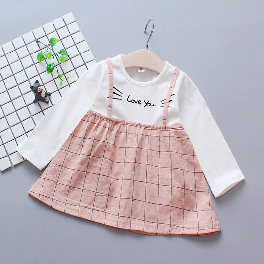 Checked Suspender Splicing Infant Dress Spring And Autumn Girls' Baby Long-Sleeved Dress Simple Girl Children'S Clothing Good Vibrations