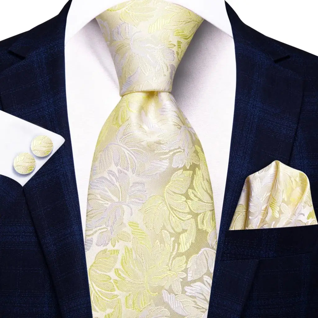 Hi-Tie Champagne Gold Striped Paisley Solid Men Silk Wedding Tie Fashion Design Necktie For Men Hanky Cufflink Business Party Good Vibrations