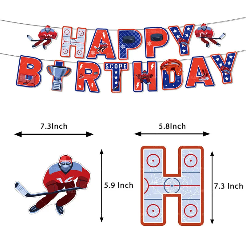 Hockey Themed Birthday Party Decorations Balloons Set Happy Birthday Banner Cake Topper Sports Theme ice hockey Party Supplies Good Vibrations
