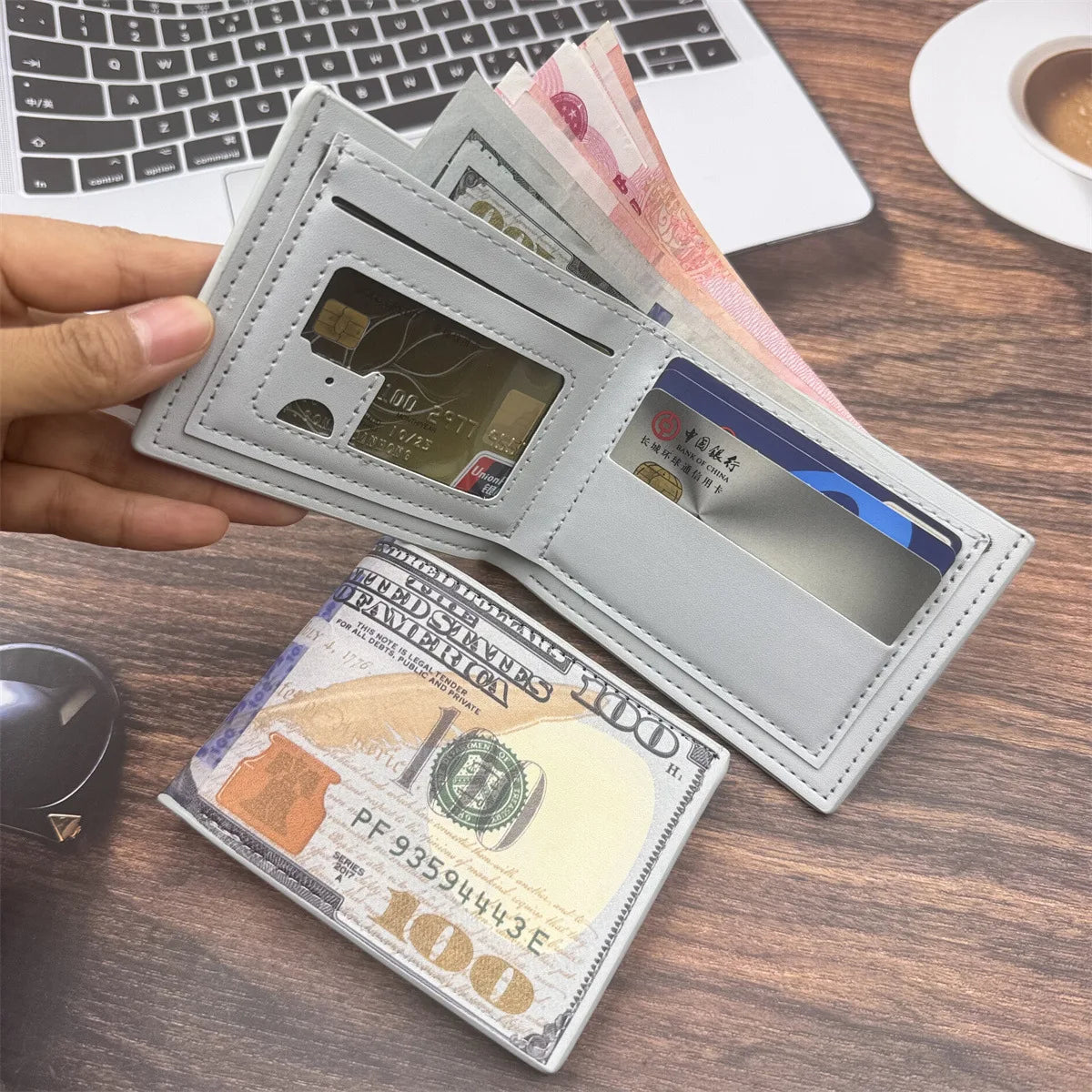 Men's Wallets with 100 US Dollar Pattern Male Leather Wallet with Card Holder Coin Pocket Purse Cartera Hombre Good Vibrations