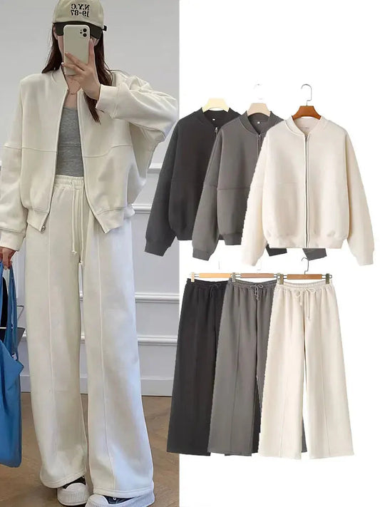 HH Women's Fall 2-Piece Retro Solid Color Zip Bomber Jacket Sweatshirt+High Waist Lace Up Women's Wide Leg Pants Street Wear Good Vibrations