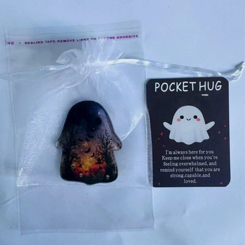 Pocket Hug Ghost Acrylic Charm Set with Card, Mini Emotional Support Gift for Anxiety Relief Halloween Pocket Sea Animal Hugs Good Vibrations