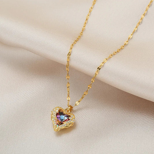 Top Luxury Colorful Crystal Ocean Heart Pendant Necklace For Women Trendy 316L Stainless Steel Jewelry Female Wedding Neck Chain Good Vibrations
