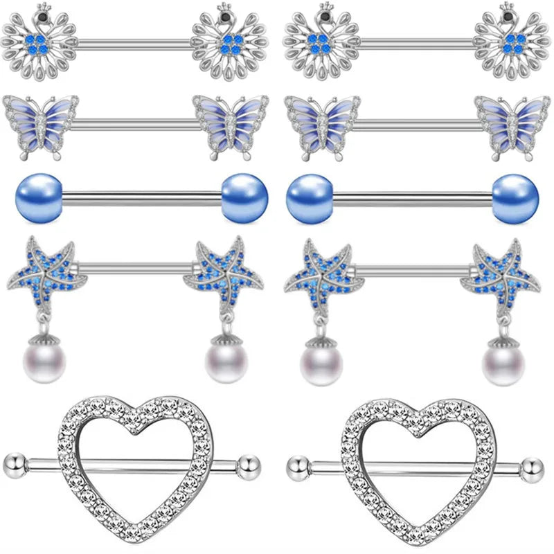 Stainless Steel Pink Bunny Nipple Piercing Jewelry Set 14G Green Bat Nipple Rings Bulk Cat Nipple Barbell Pack Piercing Pezon
