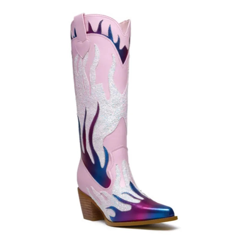 Women's Metallic Western Boots with Pointed Toe, Mid-calf To Knee-high Height, Sparkly and Colorful Design. Stylish Cowgirl Look Good Vibrations