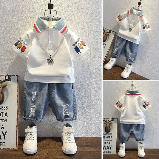 Boys Outfit T-Shirt and Jeans Korean Polo Fashion 2PCS Casual Clothing Korean Reviews 2025 Summer Top Toddler Kids Clothes Sets Good Vibrations