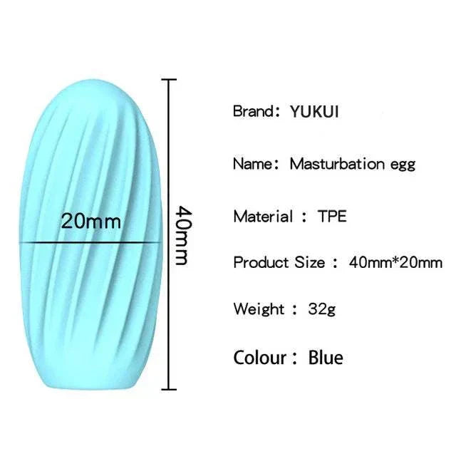 Male masturbator cup with realistic vagina design, soft textured TPE, and discreet blue color.