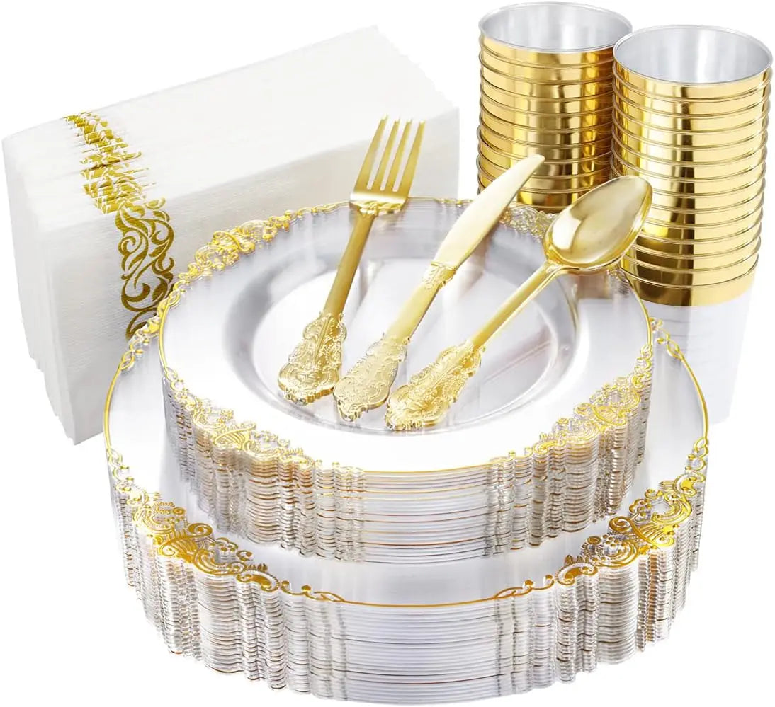 175PCS Blue Gold Plastic Plates Sets, Include 25Dinner Plates, 25Dessert Plates, 25Cups, 25Forks, 25Knives, 25Spoons, 25Napkins Good Vibrations