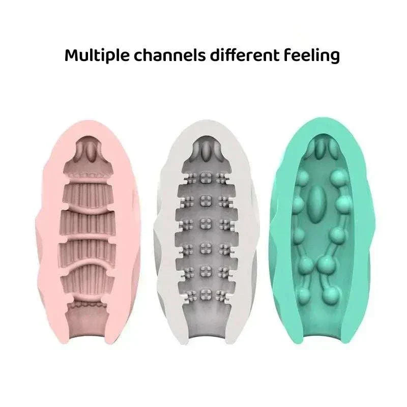 Male masturbator cup with realistic vagina and anal textures, featuring multiple channels for diverse stimulation.