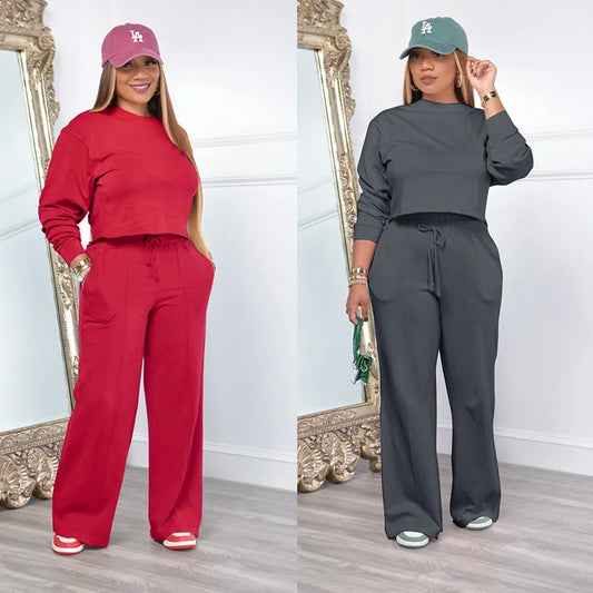 Women Clothing Sets Pullover Top+Pants 2Pcs Suits Winter Thicken Warm Outfits Solid Color Female Casual Tracksuit Good Vibrations