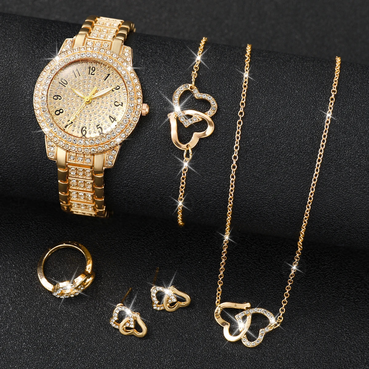 6PCS/Set Women's Watch Fashion Rhinestone StainlessSteel Band Quartz Watches Heart Jewelry Set Good Vibrations