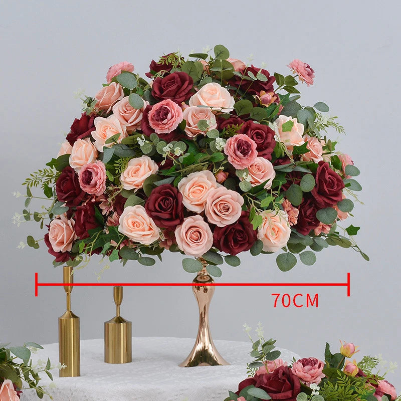 Uflower Red Rose Green Leaf Artificial Flowers Row Arrangement Wedding Table Center Flower ball Event Party Backdrop Decor Props Good Vibrations