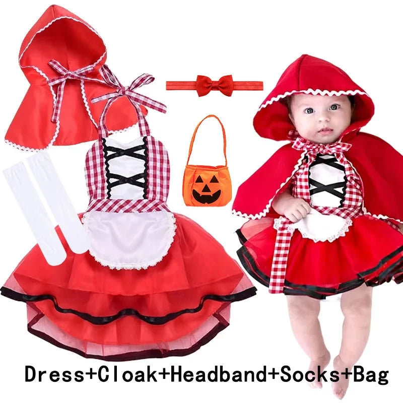 Cute Toddler Little Red Riding Hood Costume with Cape Halloween Princess Dress Up Outfit Toddler Girl Clothes Good Vibrations