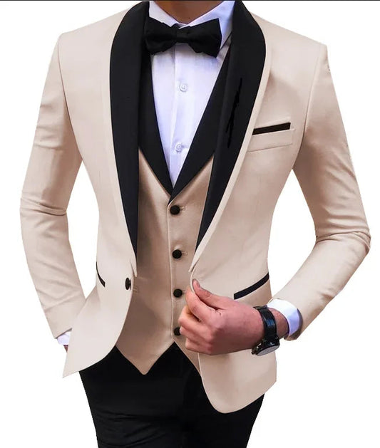 3 Piece Blue Mens Suits Black Shawl Lapel Casual Tuxedos for Wedding Groomsmen Suits Men (blazer+vest+pants) Good Vibrations