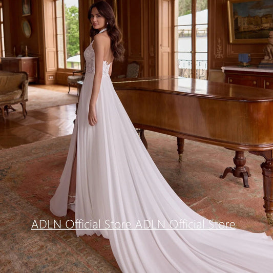 Halter Wedding Dress Customized Sleeveless Bohemian Lace High Split Open Back Court Train Beach Bridal Gown for Woman Good Vibrations