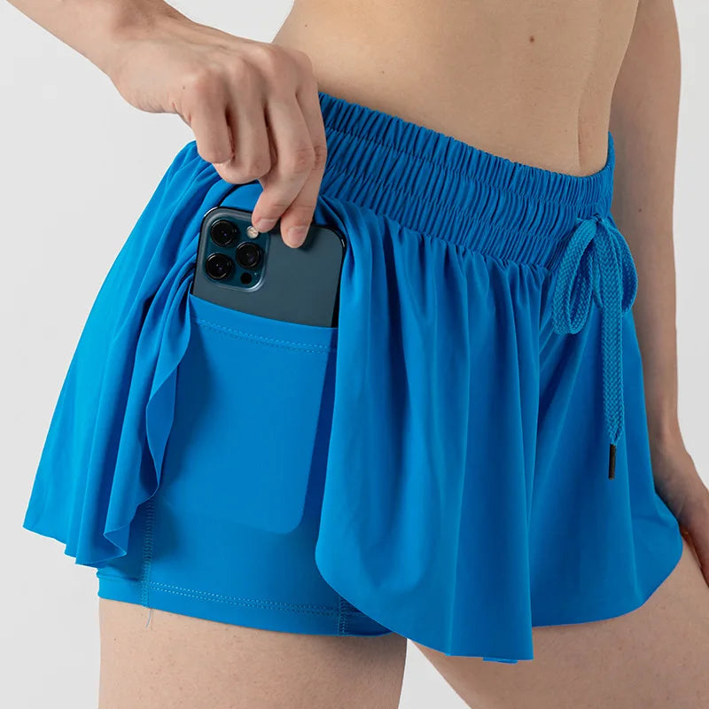 2 in 1 Flowy Sports Shorts Women Running Short Butterfly Tennis Skirt with Pockets Gym Yoga Athletic Biker Spandex Skirts Summer Good Vibrations