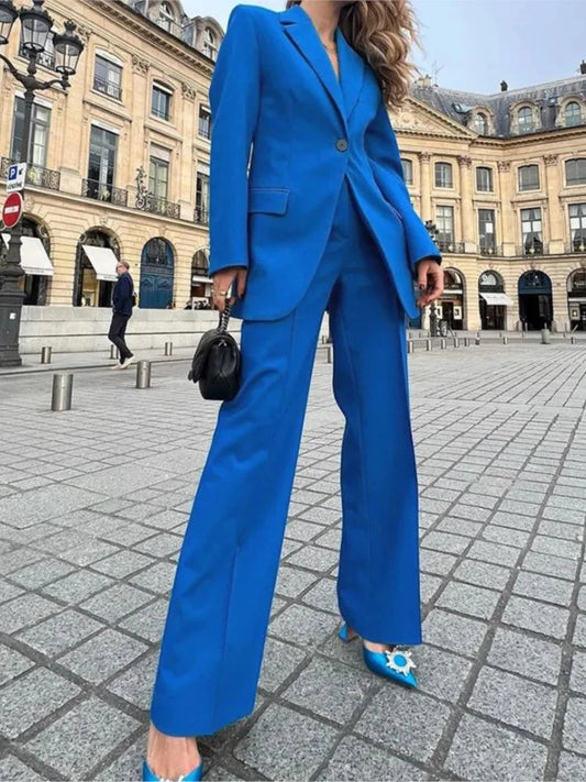 Women Single Button Suit Stylish Women's Formal Business Suit Lapel Coat Wide Leg Pants Set For Office Lady Elegant Solid Color Good Vibrations