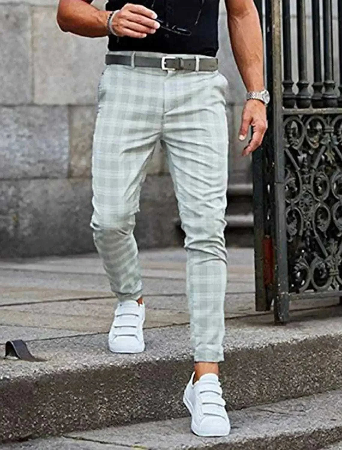 Suit Pant Men Long Pants Plaid Mid Waist Simple Slim Fit Zipper Splice Casual Regular Autumn Winter 2024 Straight Trousers Good Vibrations