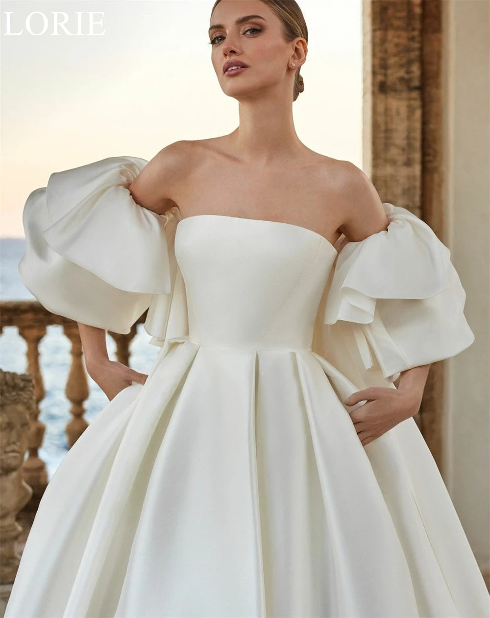 LORIE Elegant Satin Wedding Dresses Strapless Ruffle Sleeves A-Line Pleated Bride Prom Gown 2025 Romantic Bridal Gown Customized