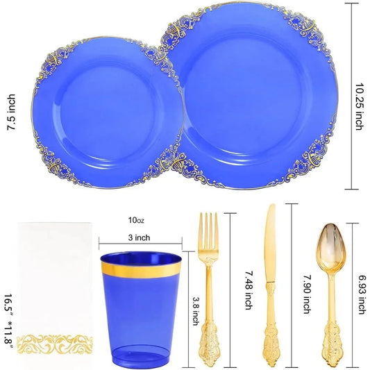 175PCS Blue Gold Plastic Plates Sets, Include 25Dinner Plates, 25Dessert Plates, 25Cups, 25Forks, 25Knives, 25Spoons, 25Napkins Good Vibrations
