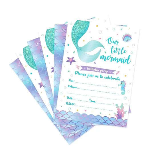 12pcCartoon Mermaid Shell Invitation Letter Girls Wedding Birthday Party Single Page Greeting Cards Baby Shower Party Decoration Good Vibrations