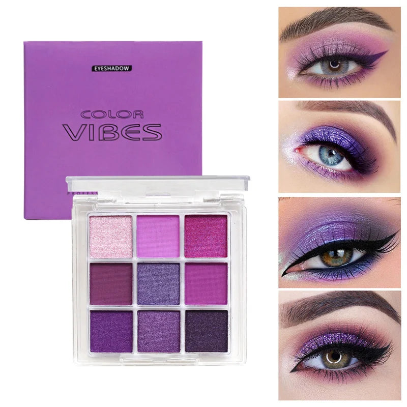 9 Colors Glitter Eyeshadow Palette Purple Violet Shimmer Pearlescent Matte Acrylic Eye Shadows Palette Waterproof Eye Make Up Good Vibrations