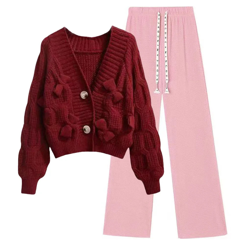 Two Piece Set For Women New In Sweater Matching Sets Korean Sweet Bow Outfit Long Sleeve Cardigan Knitwear Wide Leg Pants Set Good Vibrations