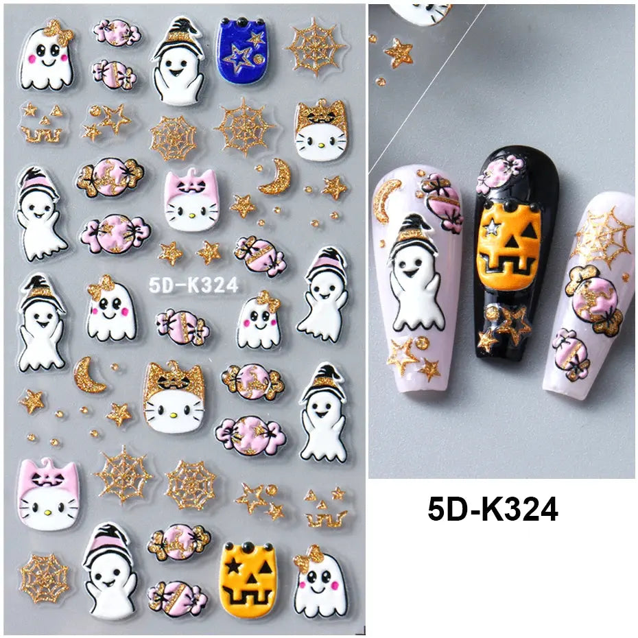 5D Halloween Nail Stickers White Bones Design Spooky Ghost Pumpkin Sliders for Nails Glitter Heart Spider Web Manicure Decals Good Vibrations